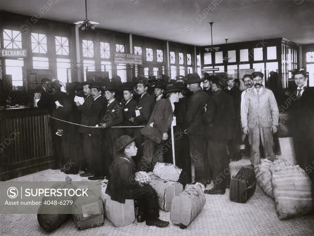 Ellis Island provided new immigrants with services to prevent their exploitation by dishonest moneychangers.  The Money Exchange converted their currencies without charge. Ca. 1910 .