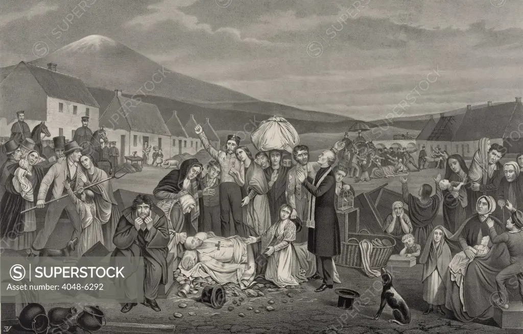 THE EVICTION: A SCENE FROM LIFE IN IRELAND. 1871 American print shows a community of tenant farmers with their belongings being forcibly evicted from their homes. Many Irish landlords, evicted tenants to avoid the responsibility of providing famine relief for their tenants. Sheriffs enforced the evictions, and were backed up by militias (in right background).