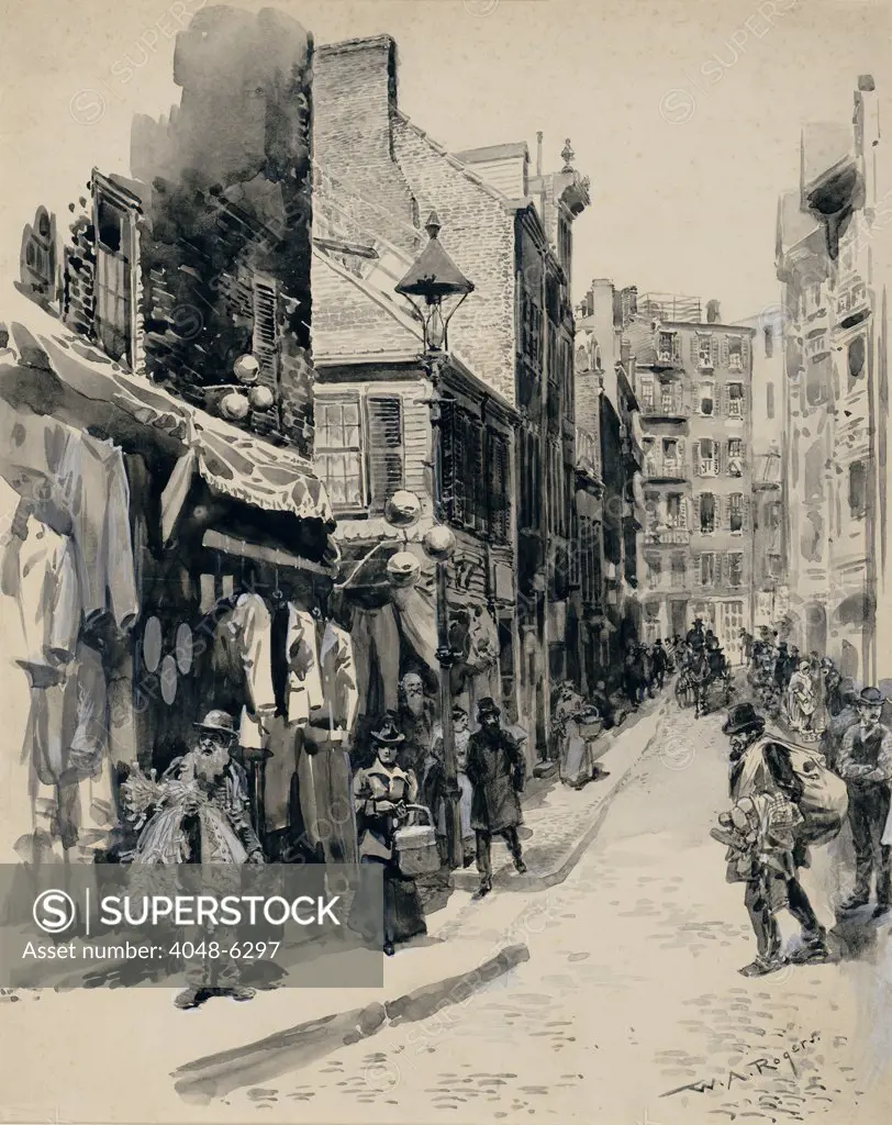 Jewish neighborhood in Boston Street. Scene of peddlers, women carrying baskets, and men walking on the sidewalks of a narrow street. Ca. 1899 by William Allen Rogers.