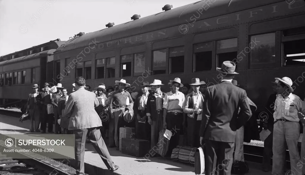 Mexican agricultural laborers arriving in Stockton, California, to harvest of beets in May 1943. Wartime labor shortages were met by the government sponsored Bracero program which regulated temporary laborers from Mexico.