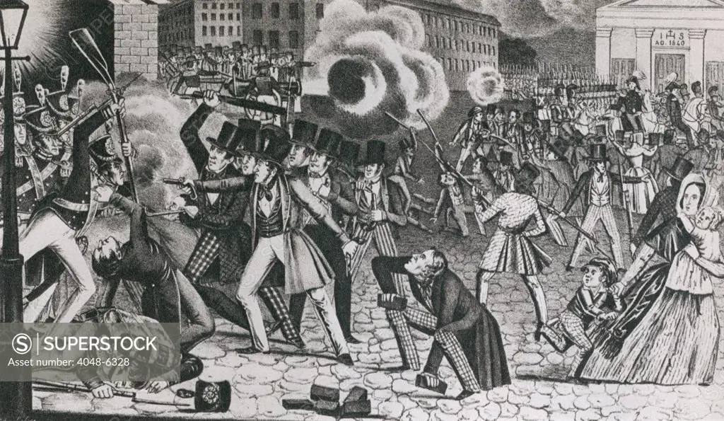 1844 riots in greater Philadelphia provoked by the anti-Catholic political party, 'Native Americans,'  occurring on May 6 and 8 and July 6 and 7, 1844. The Nativists, wearing tall beaver hats, fought the Pennsylvania State Militia in Philadelphia.  Fighting killed 24 and burned down two Catholic churches.  Tensions built up in 1844 when the Roman Catholic bishop persuaded school officials to use both the King James and Latin Vulgate bibles.
