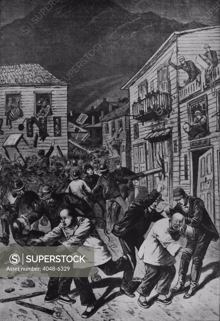 October 31, 1880 anti-Chinese riot in Denver, Colorado was triggered by a bar room fight. It resulted in the complete destruction of Denver's Chinatown and the death of 28 year old Chinese man, Look Young.