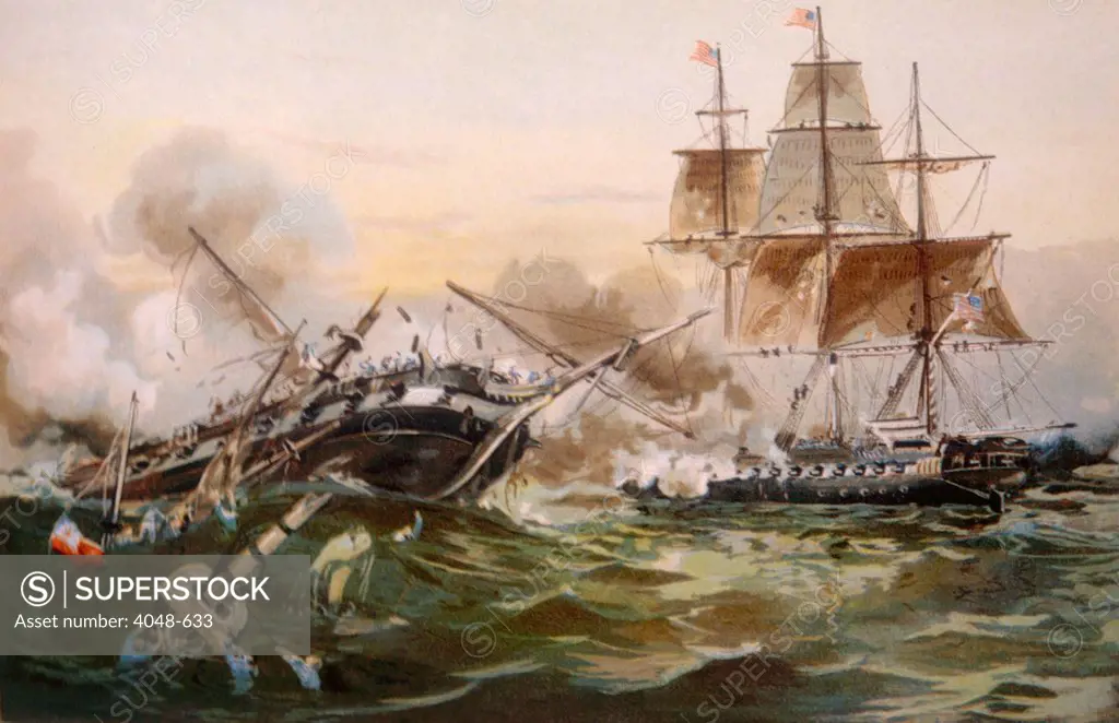 The War of 1812, naval battle between the U.S. frigate Constitution and the British warship Guerriere, 1812