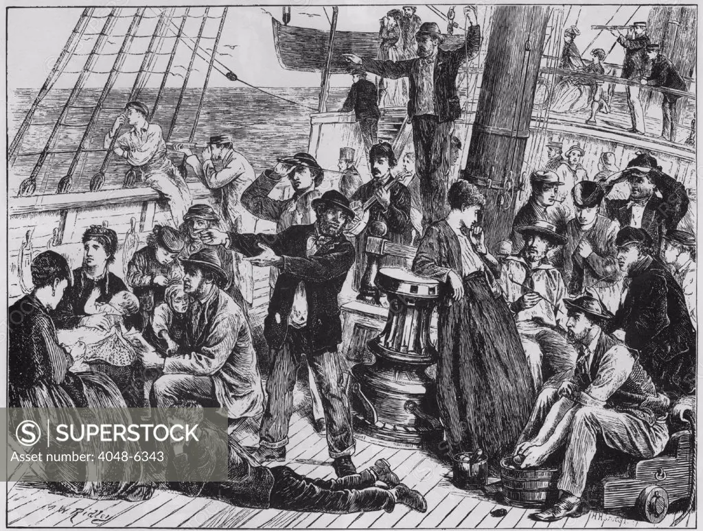 Emigrants on the open deck of an immigrant steamship to Canada, site land after at least two weeks at sea. The ship, GANGES, carried 761 people who paid 3 British pounds for their passage.  People on deck engage in play, music, talk, smoking and looking through telescopes. April-May, 1871.