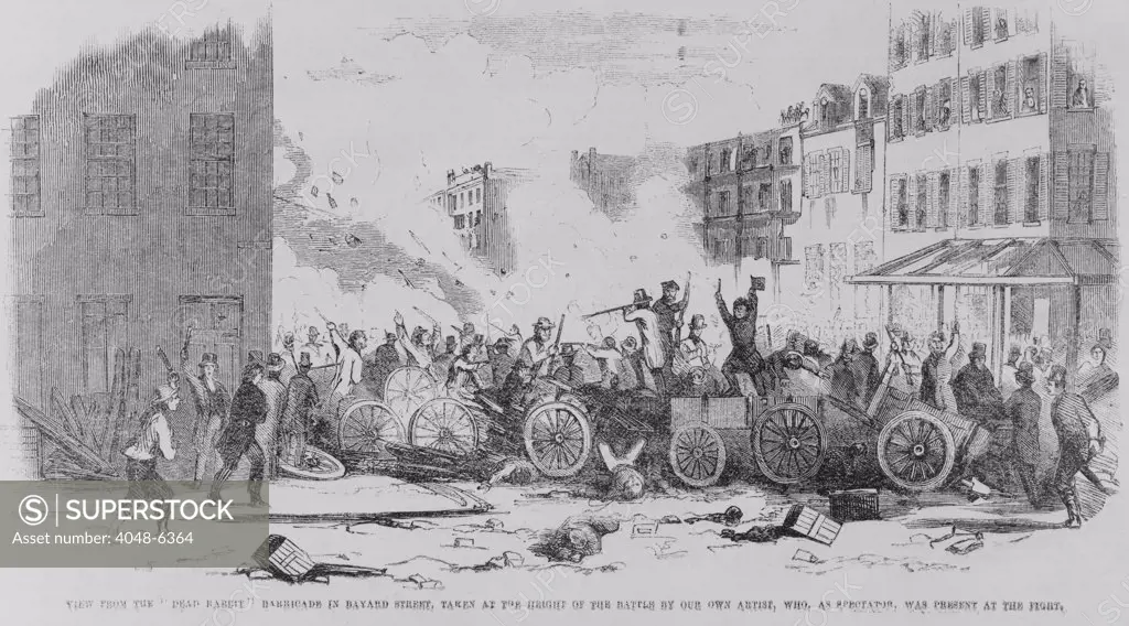 July 4, 1857 battle on Bayard Street of the Irish gang, the 'Dead Rabbits,' against the Bowery Boys, a nativist, anti-Catholic, and anti-Irish gang. Both gangs were based in the Five Points neighborhood of New York City. GANGS OF NEW YORK, Martin Scorsese's 2002 was based on the rivalry between these two gangs.