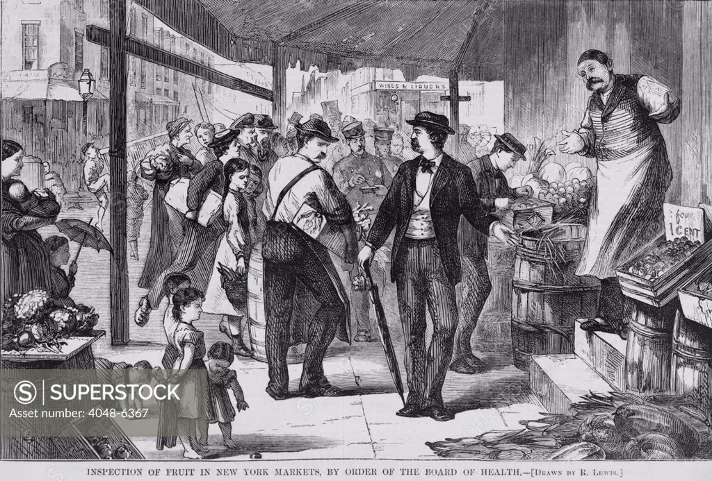 Inspector from the New York City Board of Health examining the stock of a small grocery store in one of New York City's poorer neighborhoods. 1873 wood engraving.