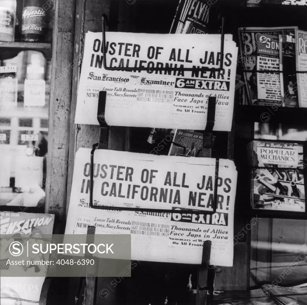San Francisco Examiner headline announcing internment of Japanese Americans during WW2. On February 19, 1942, Franklin D. Roosevelt signed Executive Order 9066, requiring the incarceration of all 120,000 Americans of Japanese descent. February 1942 photograph by Dorothea Lange.
