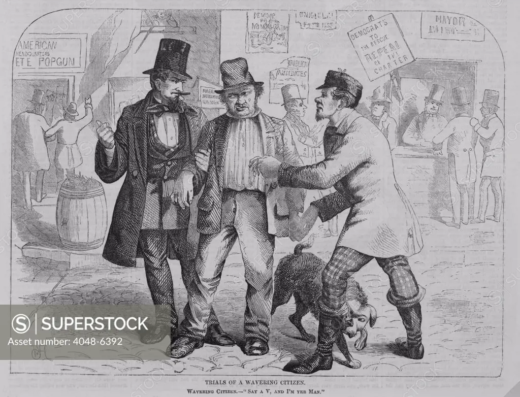 Trials of a wavering citizen, shows a potential voter pulled in two directions by politicians. At left, dressed in tophat and suit is the 'nativists,' and at right, in plaid pants, the Irish politician. New York City, November 1857.
