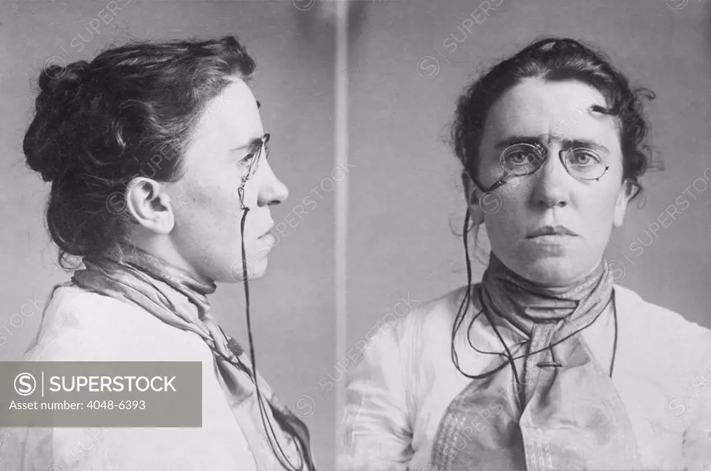 Emma Goldman (1869-1940) mugshots. She served jail terms for her radical socialist activities, which included lecturing on birth control, opposing military conscription. In 1908 she was deprived of her citizenship.