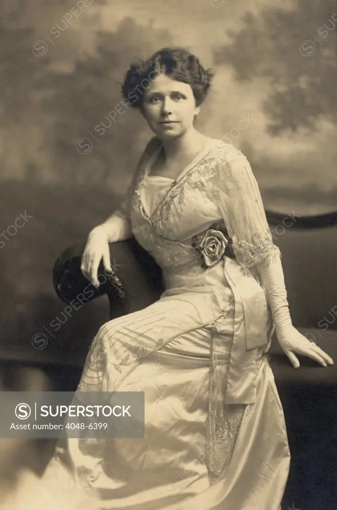 Hattie Caraway (1878-1950) in a 1914 studio portrait when she was the wife of Arkansas Representative Thaddeus Caraway. She was educated, a former school teacher, and the mother of three boys. When Thaddeus died in 1931, she filled his Senate seat for two terms.