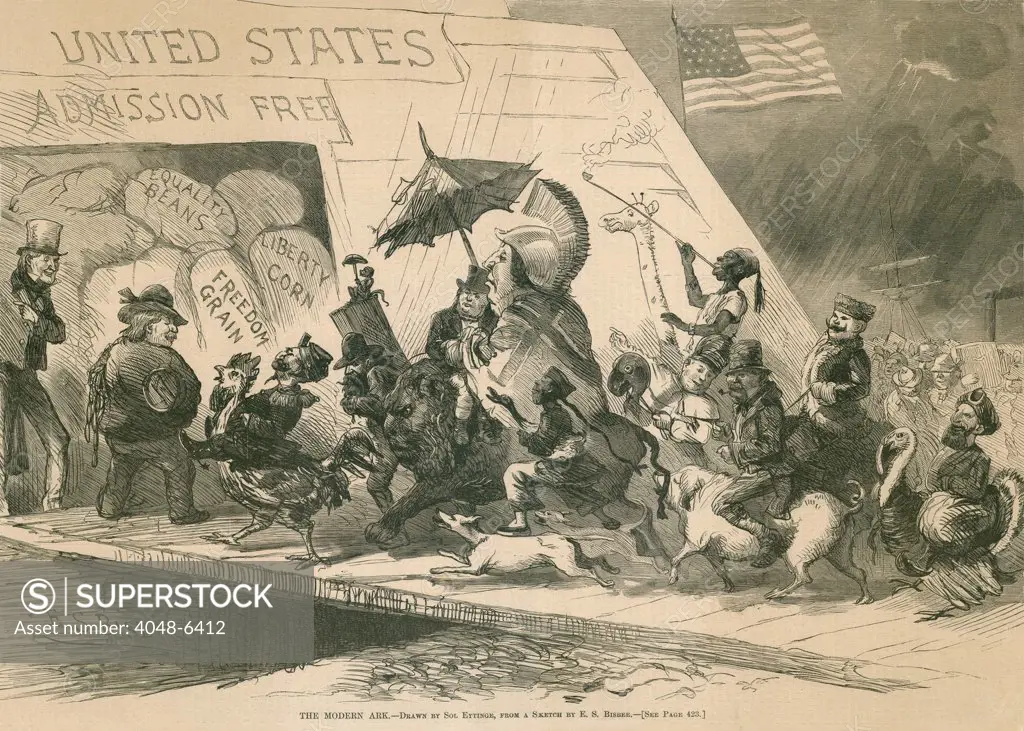 THE MODERN ARK. Political cartoon satirizing unrestricted immigration into United States in 1871. Men from many races and nationalities, riding various animals, are welcomed into an ark provisioned with Liberty Corn, Freedom Grain and Equality Beans. Wood engraving by Sol Eytinge from a sketch by E.S. Bisbee.