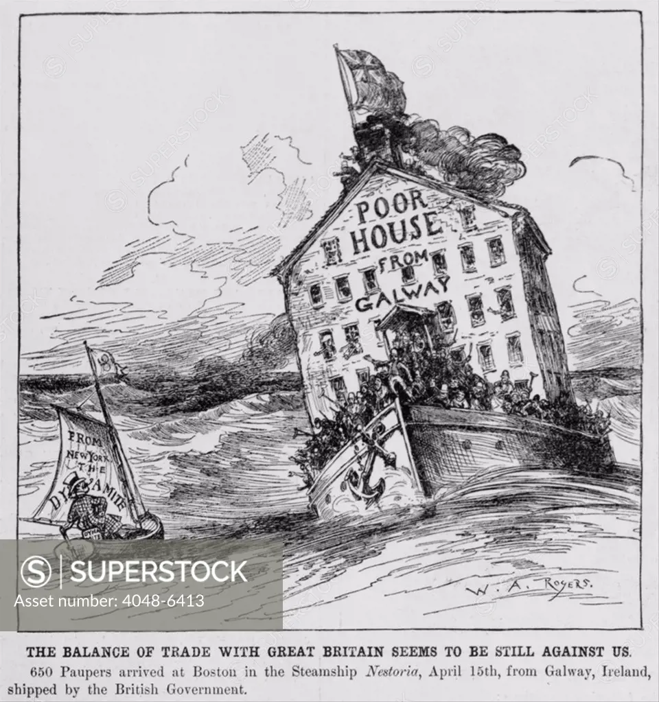 Anti-immigration cartoon of 1883 is captioned,' The balance of trade with Great Britain seems to be still against us--650 paupers arrived at Boston in the steamship Nestoria, April 15th, from Galway, Ireland, shipped by the British government.' by William A. Rogers in HARPER'S WEEKLY.