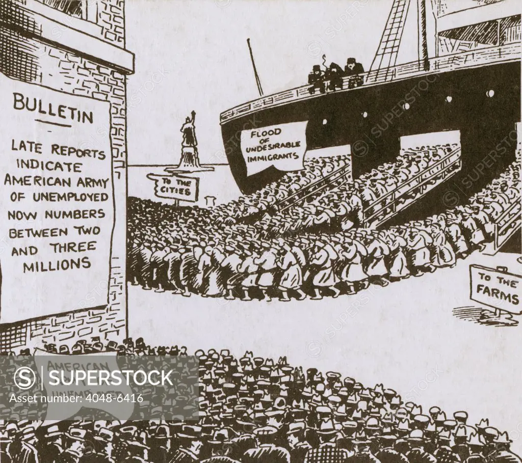 Anti-immigration cartoon of shows disembarking immigrants heading for the American cities as an army of unemployed Americans watch. Ca. 1920.