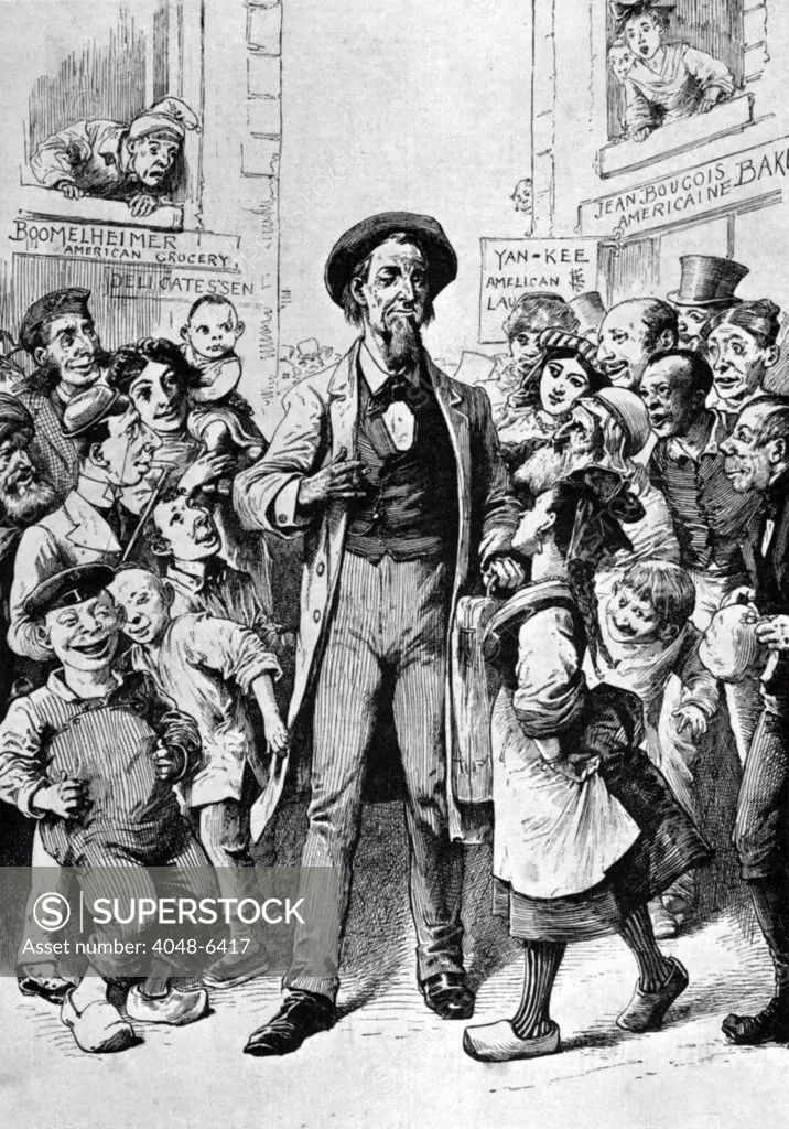 Anti-immigration cartoon entitled UNRESTRICTED IMMIGRATION AND ITS RESULTS--A POSSIBLE CURIOSITY OF THE 2OTH CENTURY, shows a lone 'Yankee,' of Protestant British descent surrounded by a multi-ethnic crowd.