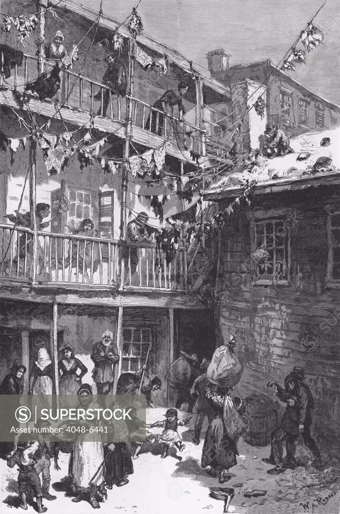 Rag Picker's court, Mulberry Street, 1879. Many poor immigrants started at the bottom of the economic ladder, as rag pickers, who collected useable refuse for reprocessing, essentially recycling in an economy of scarcity.