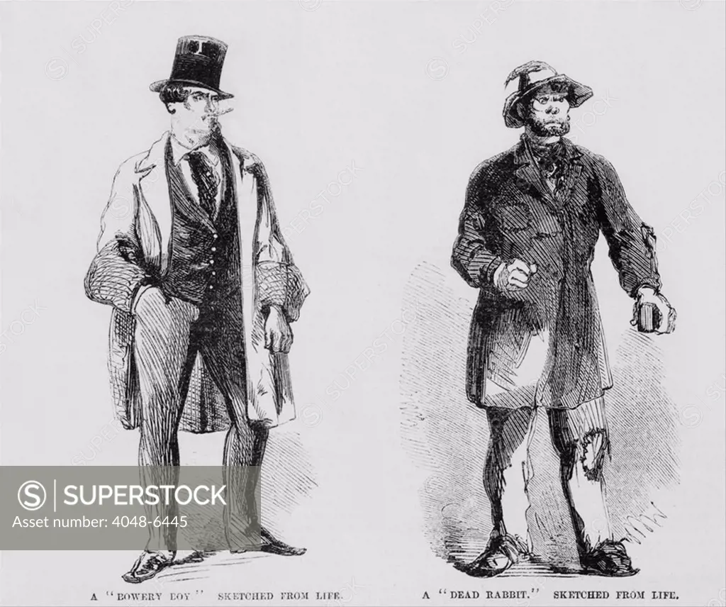 Portraits of members of the Bowery Boys gang (left) and the rival Dead Rabbits (right). Bowery Boys were nativist, anti-Catholic, and anti-Irish.