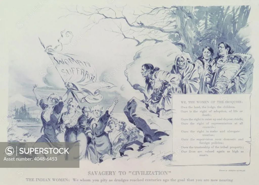 Political cartoon showing Iroquois women on cliff overlooking women marching with banner 'woman suffrage.'