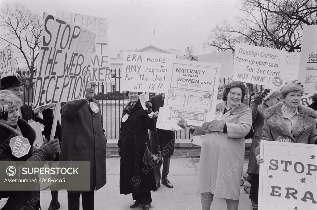 Women demonstrating against the Federal Equal Rights Amendment outside the White House. Feb. 4, 1977