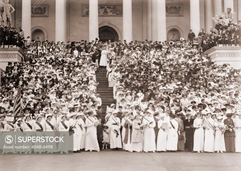 Women's Suffrage envoys from many states brought petitions to Congress. Five thousand women massed on and about the East Steps of the Capitol singing Ethel Smyth's HYMN OF THE WOMEN before entering the Rotunda to deliver the petitions. May 9, 1914.