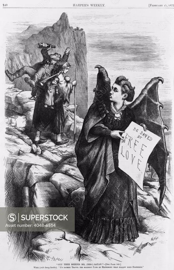 Political cartoon by Thomas Nast depicting Victoria Woodhull as the devil who holds banner, 'Be saved by free love,' addressed to the women burdened by a drunk husband and children. Woodhull was an eccentric 19th century reformer who espoused a single moral standard for men and women.