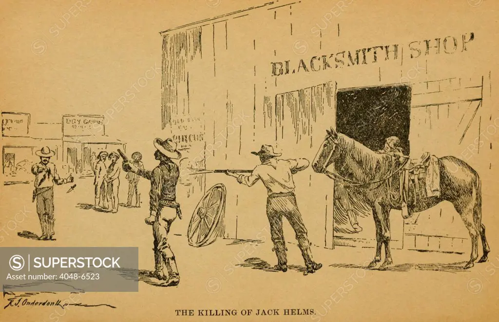 John Wesley Hardin killing Dewitt County Sheriff, Jack Helms, on August 1, 1873. Helms was a Unionist and involved in a feud with Hardin's relatives during the Texas post-Civil War Reconstruction era.