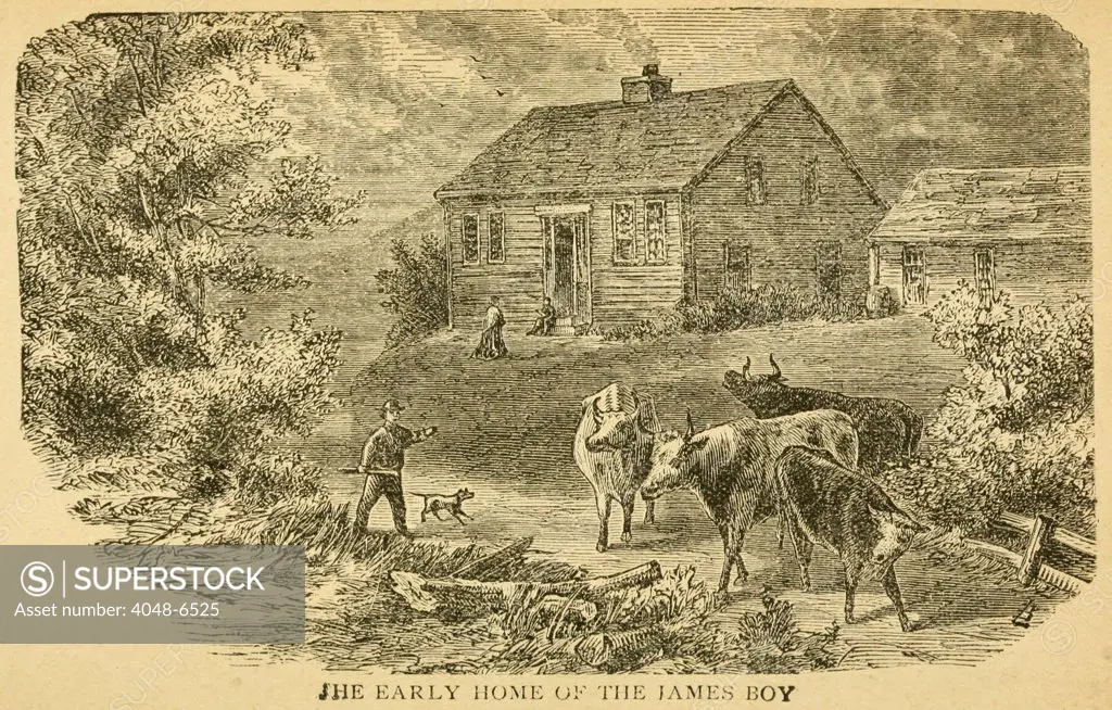 Early home of the James boys in Clay County, Missouri. James' father was a minister who died on his trip to prospect gold in California when Frank was nine and Jesse was four.