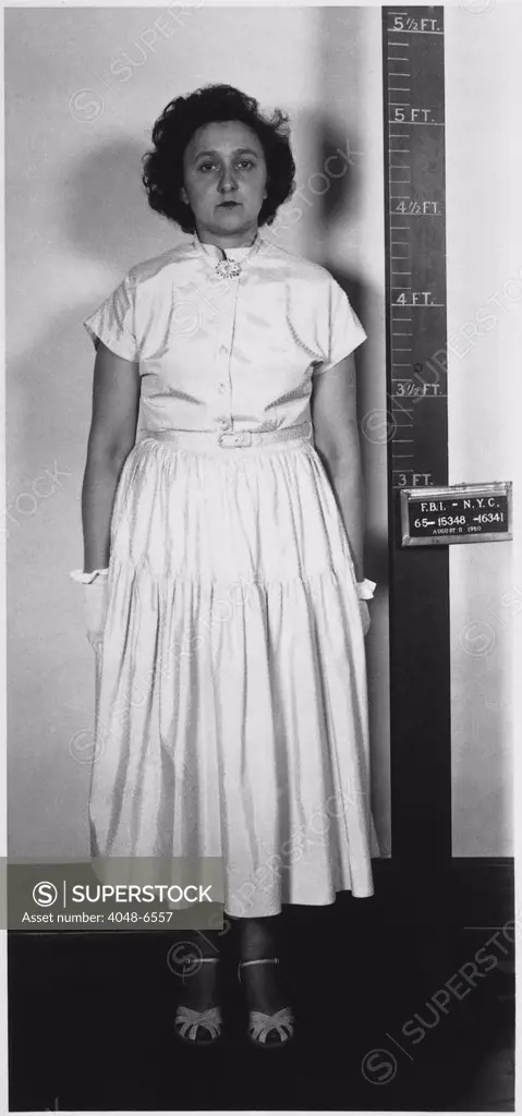 Convicted atomic spy Ethel Rosenberg in a standing mug shot.