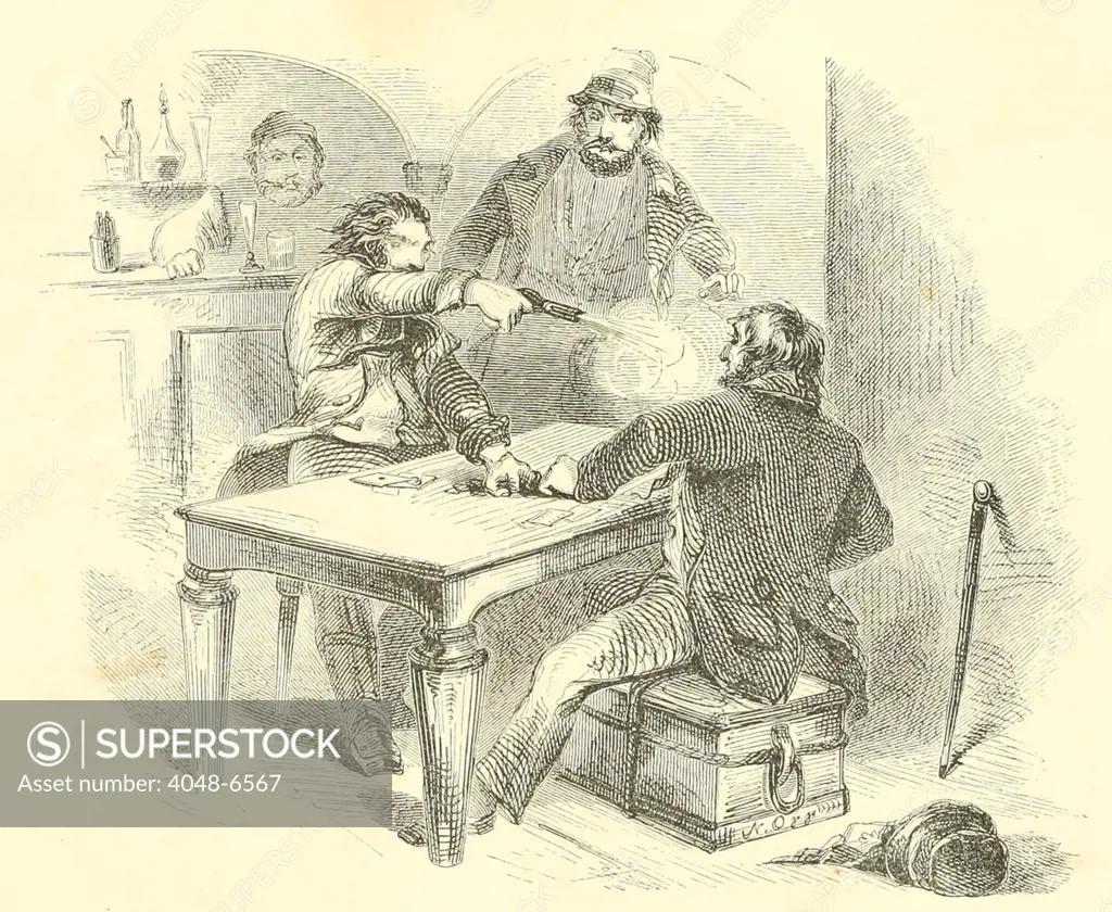 Violence at the saloon card table in the Wild West. Illustration from LIFE ON THE PLAINS. ADVENTURES OF AN OVERLAND JOURNEY TO CALIFORNIA. 1857.