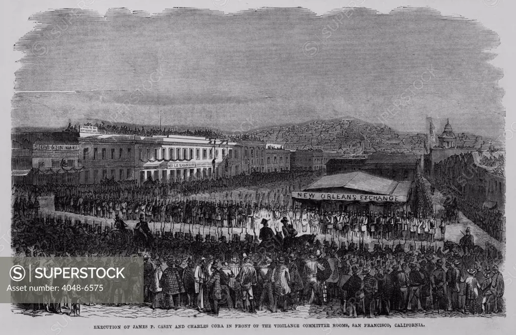 Execution of James P. Casey and Charles Cora for the murder of prominent San Francisco newspaper editor, James King. The were hung in front of the Vigilance Committee rooms, witnessed by a crowd of 20,000. San Francisco, California. 1856.