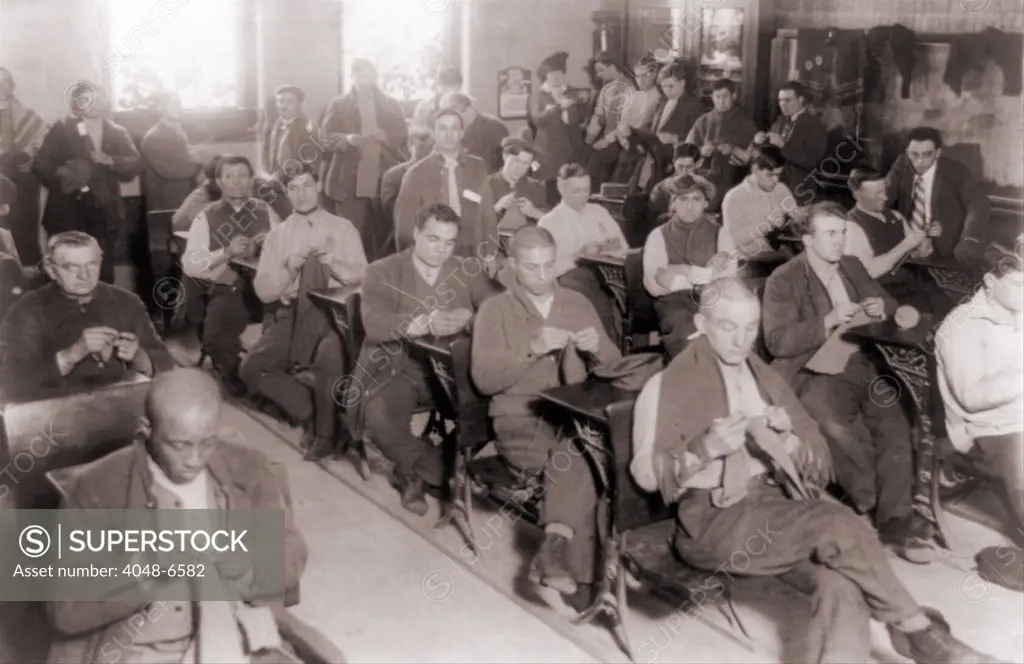 Convicts knitting in one of their classrooms at Sing Sing Prison in 1915.