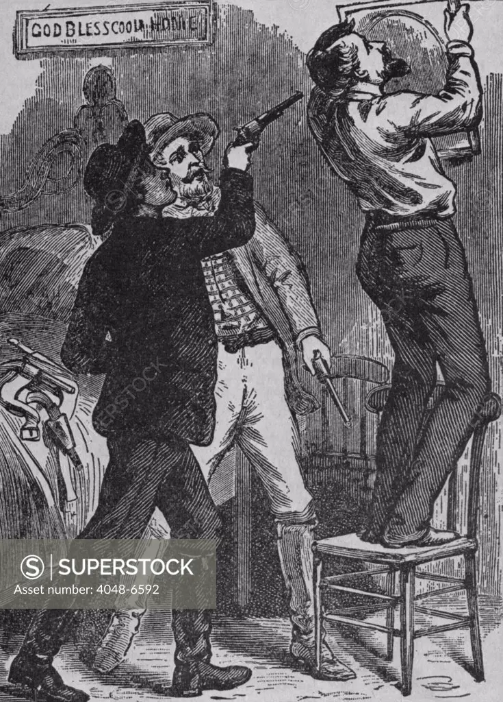 Bob Ford murdering Jesse James. His brother, Charles and Bob were Jesse's last partners, and may have been acting as a government agents or a reward seekers. The engraving shows the scene with Jesse in their hideout, turning to adjust a picture on the wall, giving Bob Ford a chance to shoot James in the back of the head. April 3, 1882