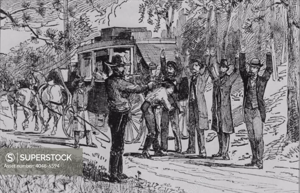 Jesse James and Bill Ryan robbing a stage coach of tourists on their way to Mammoth Cave on September 3, 1880. The picture accurately records the scene as described by a witness.