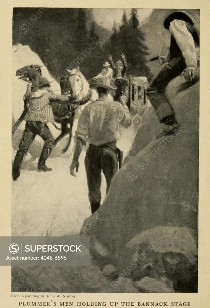 1907 illustration of Plummer's men holding up the Bannack Stage. There is still doubt that Henry Plummer, who was the sheriff of Bannack, Montana, was ever involved in this crime, but he was hanged without trial by the controversial Montana Vigilantes on January 10, 1864.
