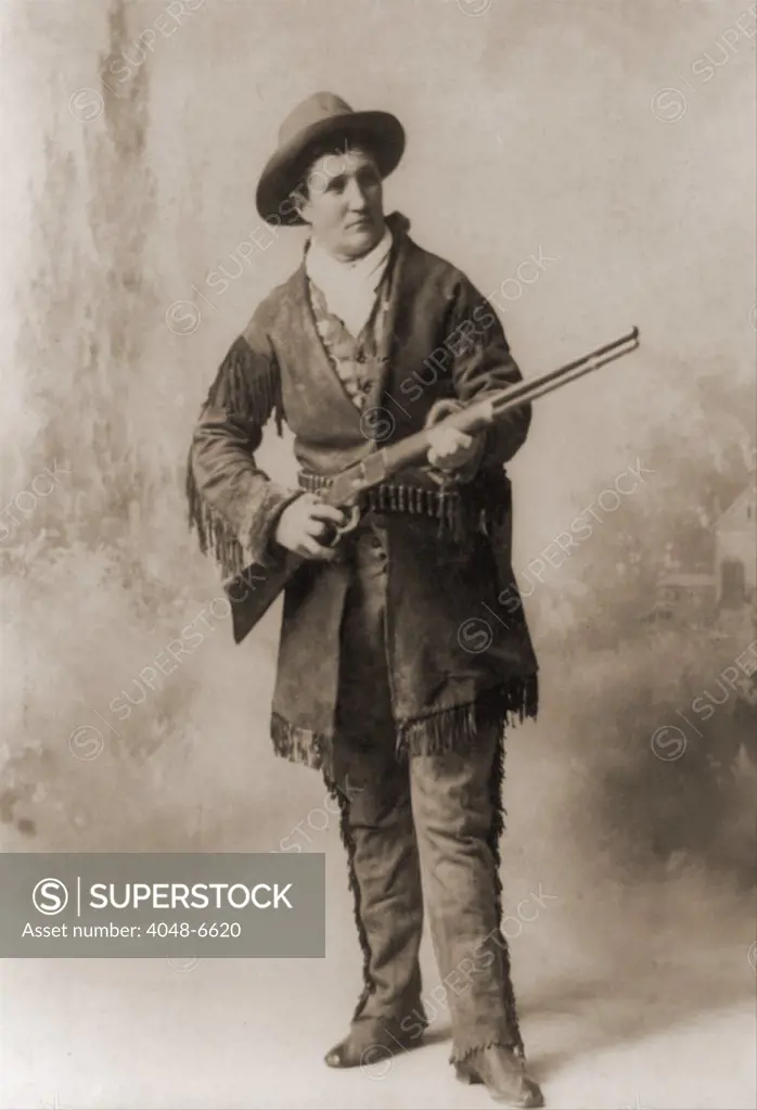 Calamity Jane (1852-1903), in a studio portrait. She gained fame in the 1870s and later toured in Wild West shows. Ca. 1885.
