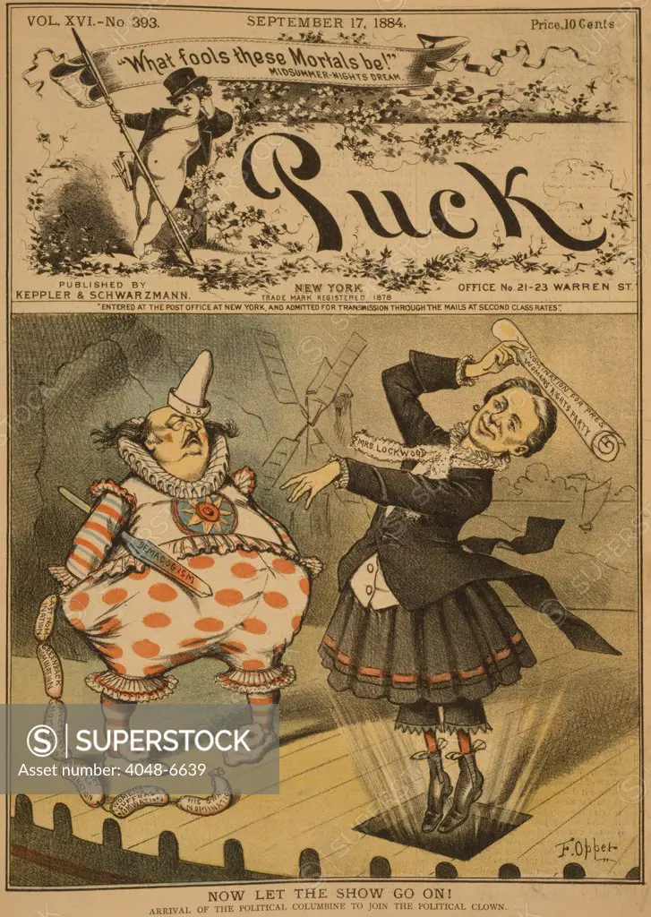NOW LET THE SHOW GO ON. Political cartoon shows progressive Republican presidential hopeful, Benjamin F. Butler, standing on a stage dressed as a clown, as a feminist presidential candidate, Feminist Belva Lockwood has emerged through a hole in the stage floor.