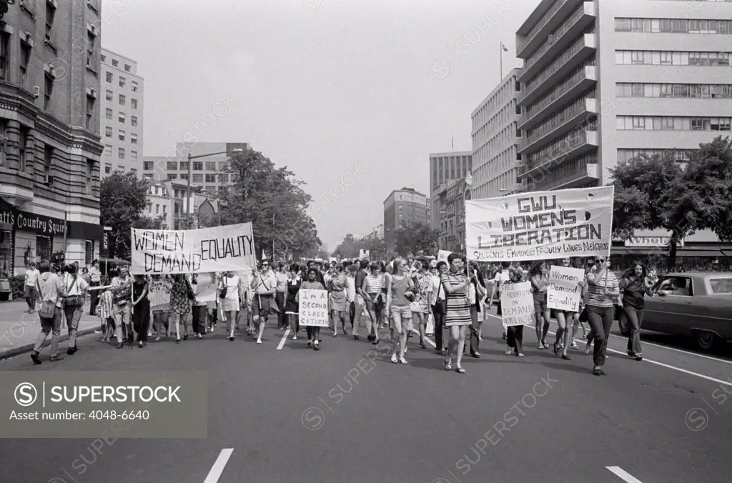 Women's liberation march from Farrugut Square to Layfette Park, Washington, D.C. on August 26, 1970. The Feminist movement re-emerged from the anti-war radicalism of the 1960s.