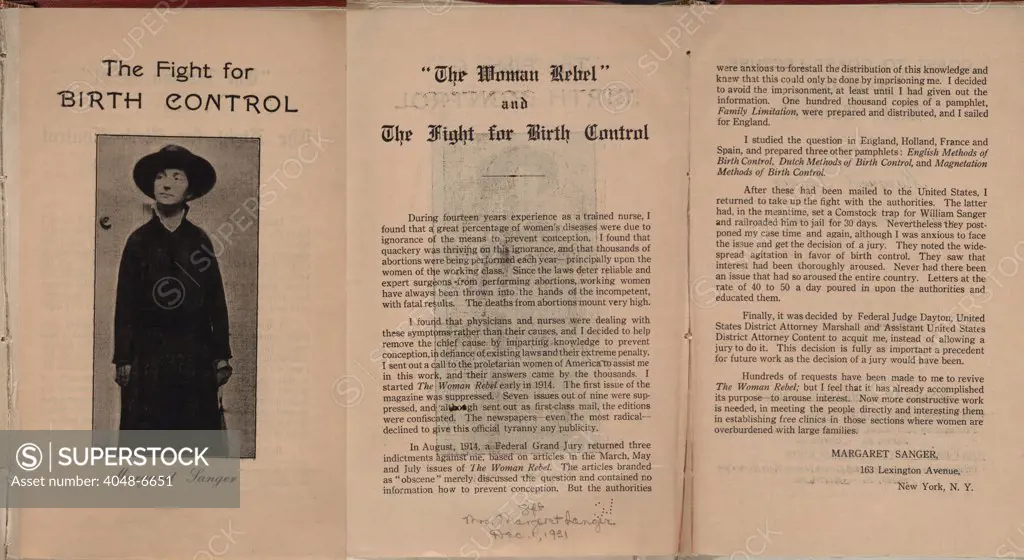 THE FIGHT FOR BIRTH CONTROL, a pamphlet by crusader, Margaret Sanger, summarizing her struggle against censorship and the American courts. 1915.