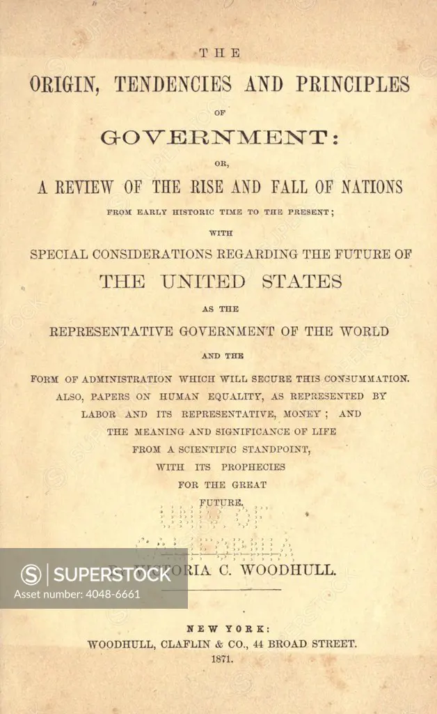 Title page of Victoria Woodhull's 1871 polemic, THE ORIGIN, TENDENCIES AND PRINCIPLES OF GOVERNMENT.