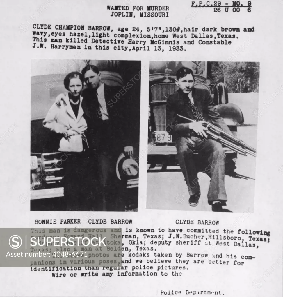 A wanted poster for Bonnie and Clyde used personal photos lawmen found in one of their deserted hideouts. 1933.