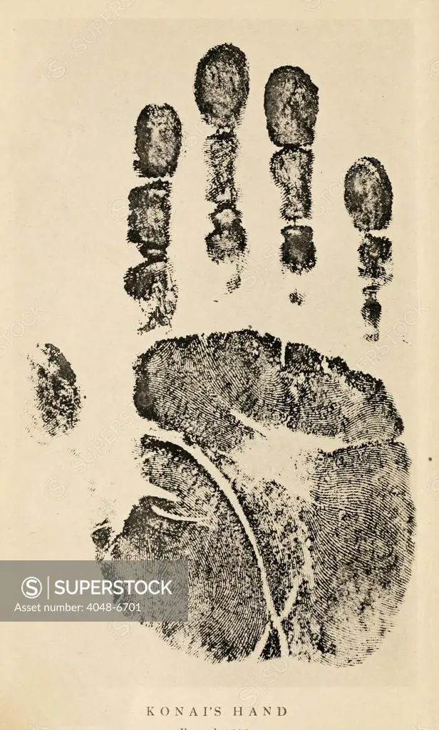 Hand print from India. Sir William James Herschel (1933-1918), an English colonial official, initiated fingerprinting in India in the 1850s for use on contracts and deeds to prevent fraud. Later this expanded its use for criminal identification.