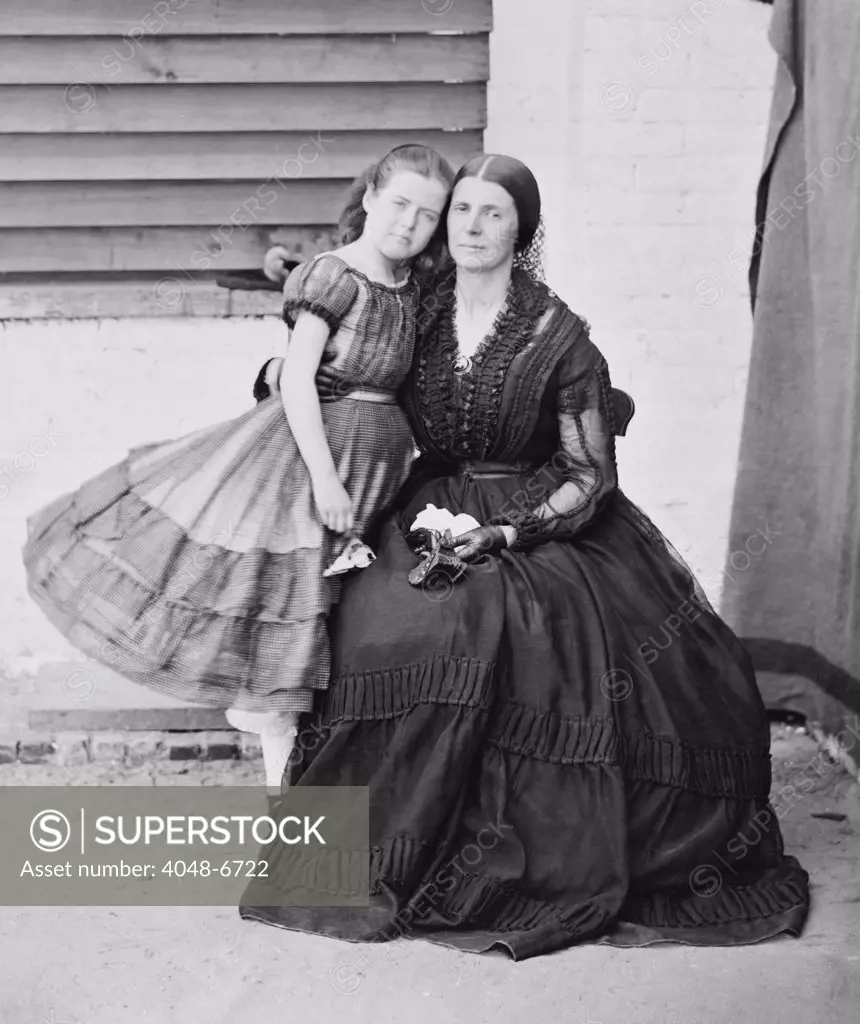 Mrs. Rose ONeal Greenhow (1814-1864)(with her daughter), Confederate Spy during the U.S. Civil War, imprisoned at old Capitol. She was exiled to the South and greeted as a heroine. She died on a mission to smuggle gold through the Union blockade in 1864.