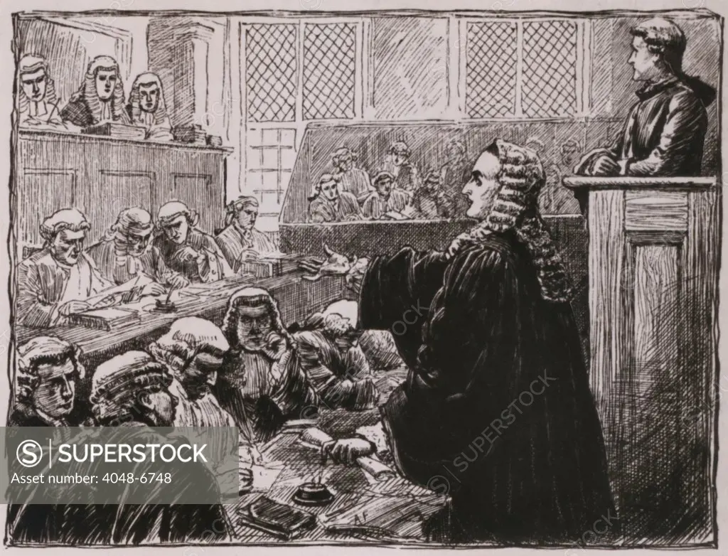 Andrew Hamilton, Peter Zenger's (seated, upper right) defense lawyer, argues against his guilt for seditious libel against the colonial governor. In the crowded New York courtroom, he argued that his client was not guilty because the libel law protected the British monarch, not an appointed governor when words of the 'libel' were true.