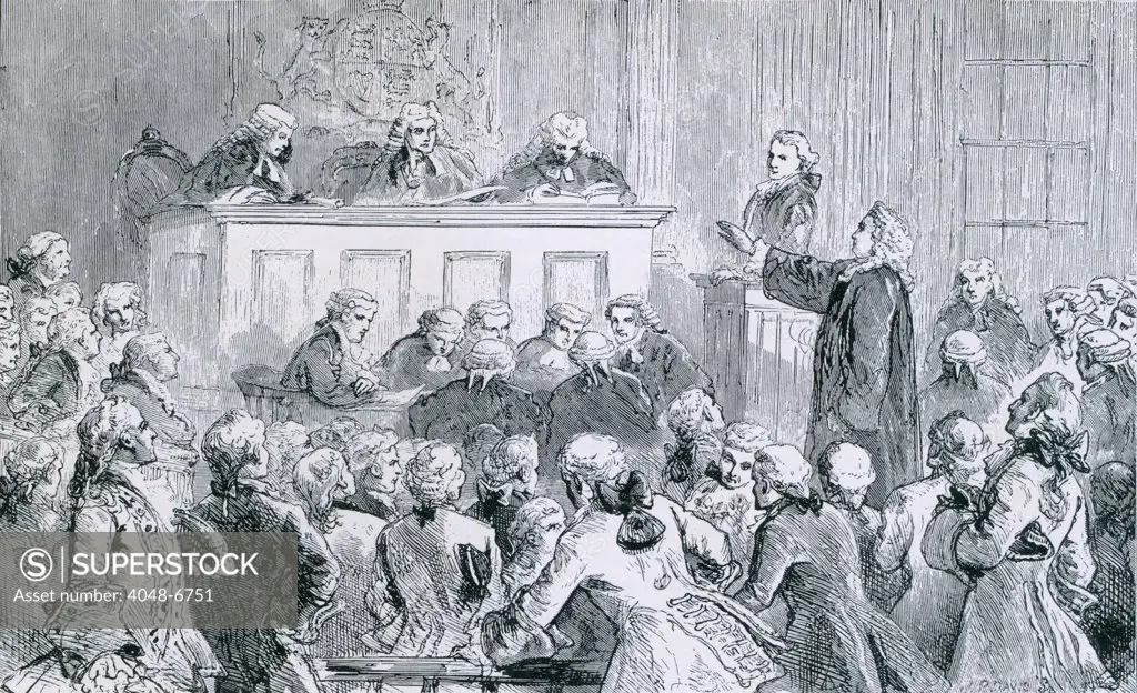 Peter Zenger, a colonial New York printer of the NEW YORK JOURNAL, in the dock (at right), was successfully defended by Andrew Hamilton, one of the best American lawyers, at his trial for seditious libel in 1735.
