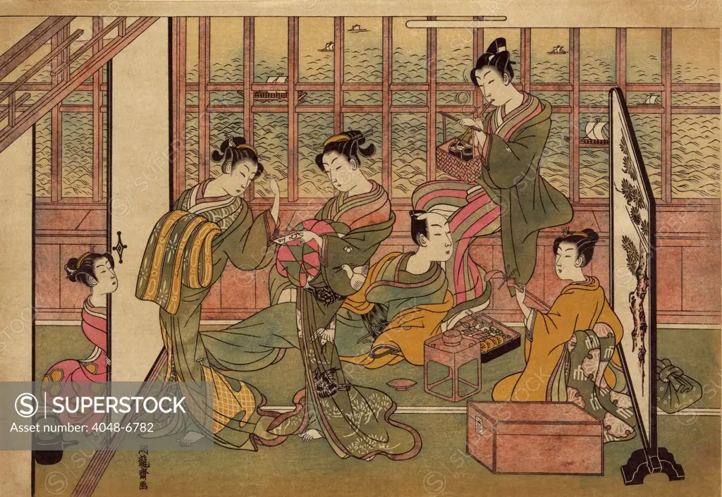 A Japanese brothel in Shinagawa, shows five courtesans attending to the needs of a male client; one woman is playing a shamisen, another is preparing a pipe for smoking.