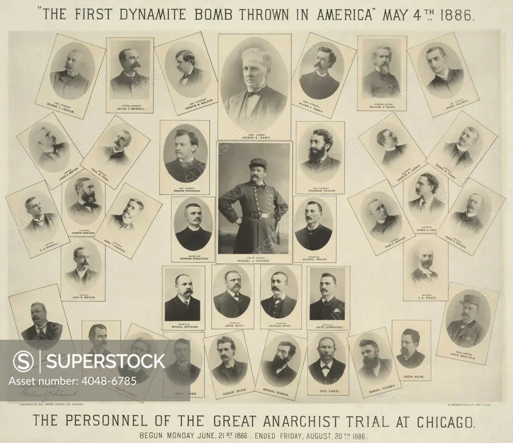 Poster entitled, THE FIRST DYNAMITE BOMB THROWN IN AMERICA, refers to the Haymarket Bombing, in Chicago, May 4, 1886. Portraits of defendants, attorneys, jurors, and police officials involved in the anarchist trial, Chicago, Illinois, 1886.