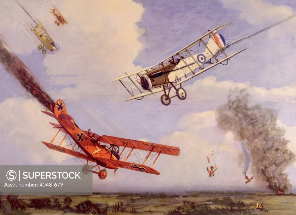 World War I air battle with Canadian Bristol biplane piloted by Andrew E. McKeever downing a German Rumpler C-5 biplane, painting by Charles H. Hubbell, ca. 1917