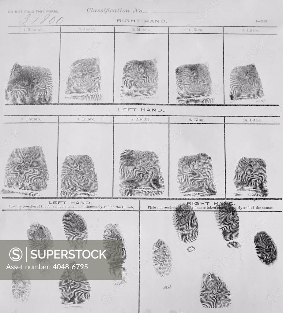 Fingerprint record sheet from the Navy Department in 1912. Fingerprints were introduced into police investigations in the early 20th century.