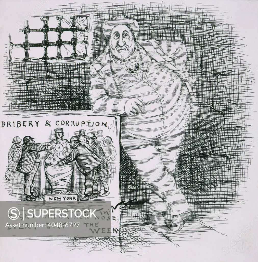 Thomas Nast reprised his favorite subject, Boss Tweed, eight years after his death in prison. As a diamond studded convict, Tweed's spirit of corruption still dominated New York City politics. 1886 cartoon.
