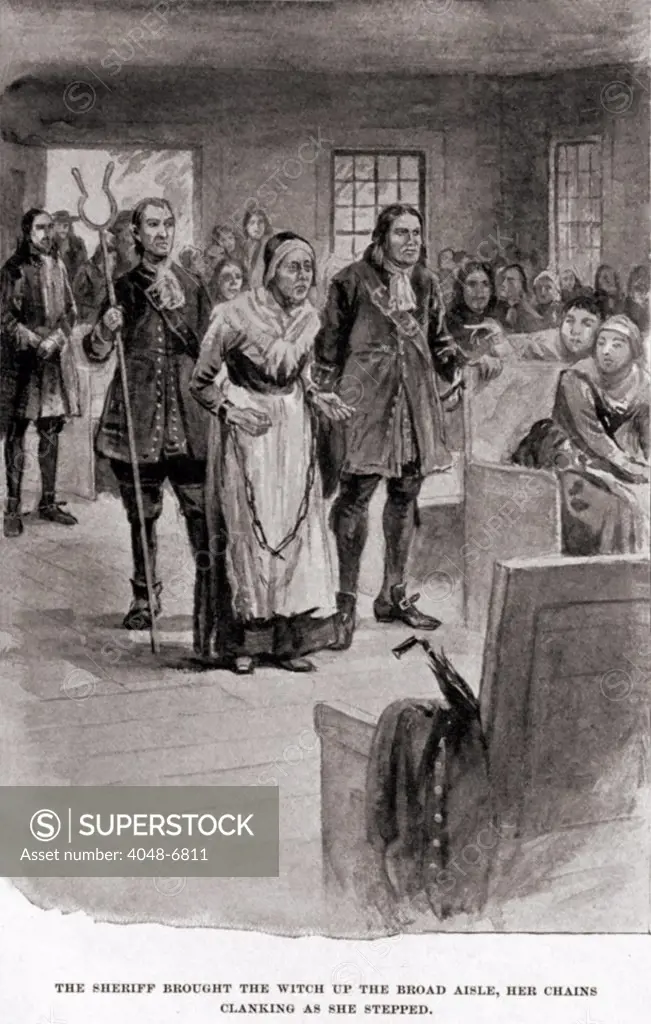 Salem Witch Trials. Elderly Rebecca Nurse in heavy chains after her conviction for witchcraft in June 1692. In spite of the petitions of many, an initial but then reversed 'not guilty verdict', she was hung on July 19, 1692.