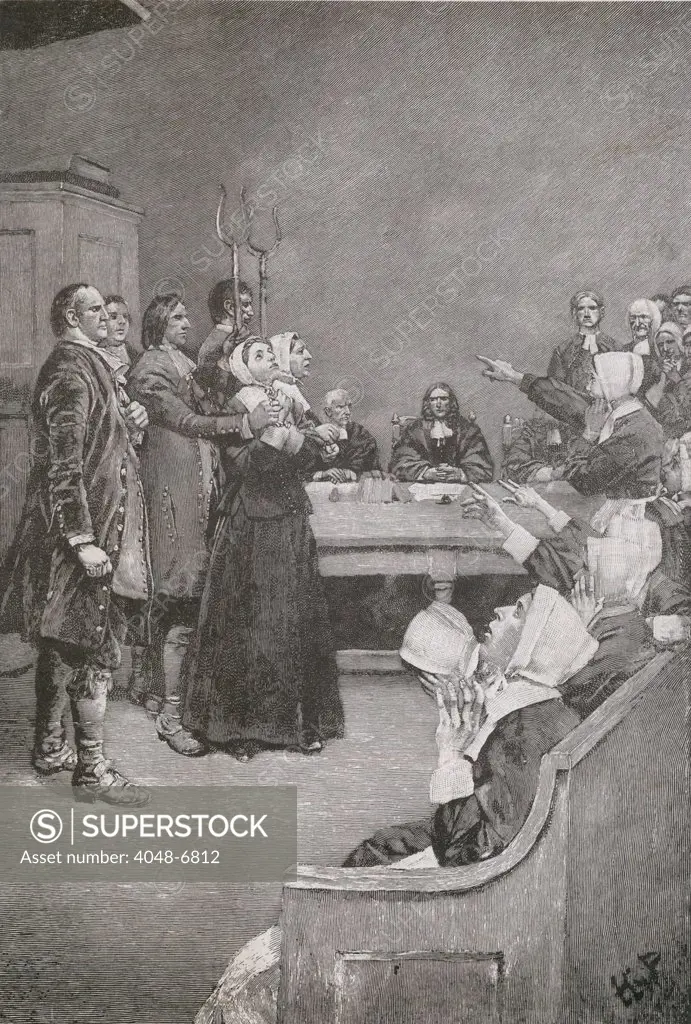 Salem Witch Trials. Two women stand on trial in 1682 with guards, as the accusing girls demonstrate their demonic afflictions. Cries of pain, convulsions, and testimony of the defendants 'spectral form' committing crimes were accepted as evidence. Illustration by Howard Pyle.